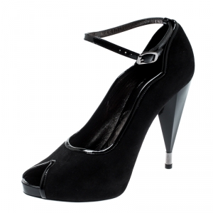 Pre Owned Marc by Marc Jacobs Black Suede And Patent Leather Trim Peep Toe Ankle Strap Pumps Size 38.5