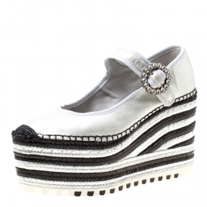 Marc Jacobs Metallic Silver Leather Suzi Crystal Embellished Brooch Mary Jane Espadrille Platforms Size 39
