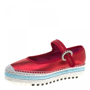 Marc Jacobs Metallic Red Leather Suzi Crystal Embellished Brooch Mary Jane Espadrille Platforms Size 38