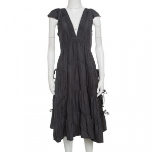 Marc Jacobs Grey Plunge Neck Ruffled Tie Detail Silk Dress S