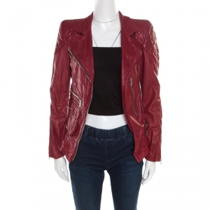 Marc Jacobs Brick Red Leather Quilted Shoulder Biker Jacket S