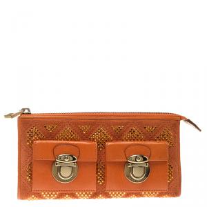 Marc Jacobs Orange Quilted Leather Crystal Embellished Double Pocket Zip Wallet