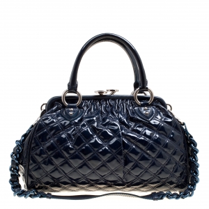 Marc Jacobs Dark Blue Quilted Patent Leather Stam Top Handle Shoulder Bag
