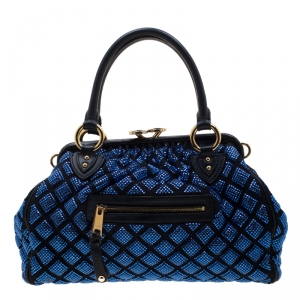 Pre Owned Marc Jacobs Blue Crystal Embellished Quilted Suede and Leather Stam Shoulder Bag