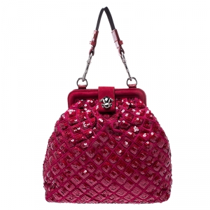 Marc Jacobs Red Sequins Embellished Canvas and Suede Frog Frame Shoulder Bag