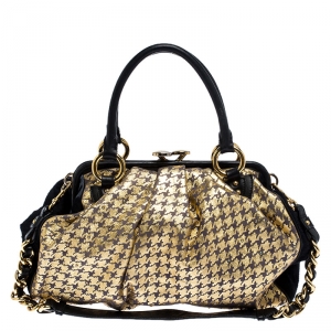 Marc Jacobs Black/Gold Houndstooth Print Leather and Fur Little Stam Shoulder Bag