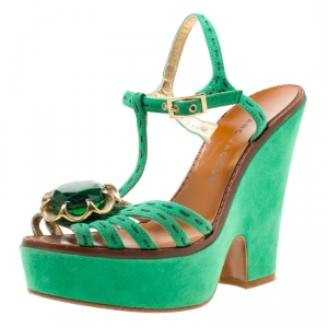 Marc Jacobs Green Suede Crystal Flower Embellished Ankle Strap Platform Sandals Size 36