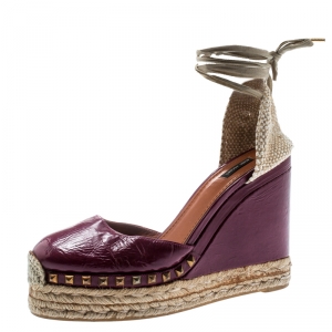 Marc Jacobs Burgundy Patent Leather Wedge Espadrille Platform Sandals Size 38