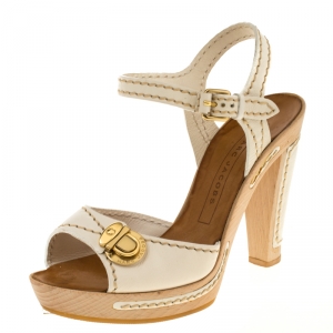 Marc Jacobs White Leather Buckle Detail Ankle Strap Wooden Platform Sandals Size 37