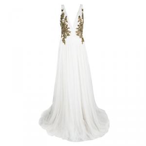 Marchesa White Ruched Detail Embellished Tulle Gown XL