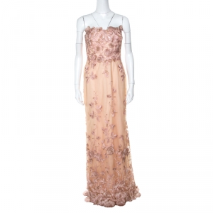 Marchesa Notte Peach Floral Embroidered Sequin Embellished Detail Strapless Evening Gown M