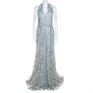 Marchesa Notte Pale Blue Guipure Floral Lace Overlay Halter Gown L