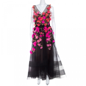 Marchesa Notte Black Tulle Sleeveless 3D Floral High Low Gown M 