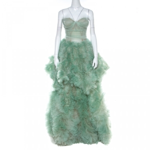 Marchesa Pale Green Tulle Embellished Detail Strapless Gown S
