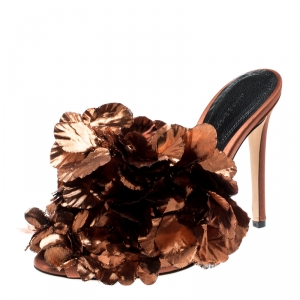 Marco De Vincenzo Metallic Bronze Silk Flower And Satin Open Toe Mules Size 36