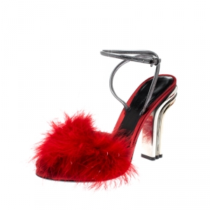 Marco De Vincenzo Red Marabou Feathers Embellished Ankle Strap Sandals Size 37.5