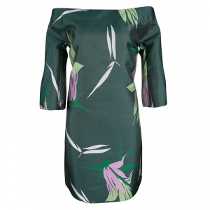 Pre Owned Marni Spherical Green Jacquard Kapfu Motif Off Shoulder Shift Dress M