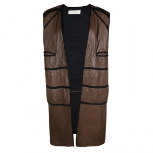 Marni Brown Quilted Lamb Leather Jersey Lined Long Open Front Vest M 