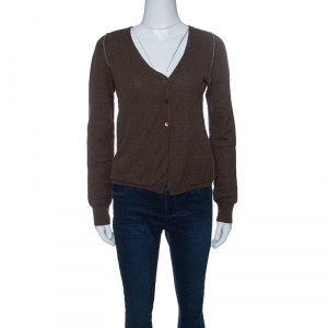 Marni Brown and Grey Cashmere Ribbed Trim Cropped Cardigan M