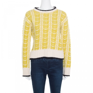Marni Off White and Yellow Contrast Trim Detail Chunky Knit Intarsia Sweater S