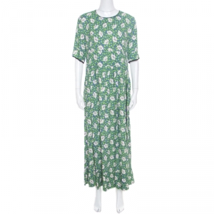 Marni Blue and Green Floral Printed Crepe Ruffled Hem Maxi Dress M