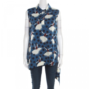 Marni Blue Polka Dotted Dancer Print Asymmetric Bottom Sleeveless Top L