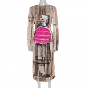 Marni Beige Box Face Print Satin Long Sleeve Midi Dress M