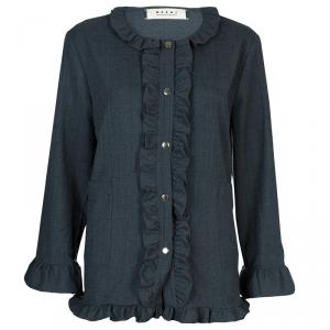 Pre Owned Marni Grey Long Sleeve Ruffle Detail Button Down Wool Blouse M