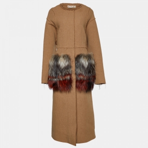 Marni Beige Wool & Fox Fur Pocket Detail Long Coat L