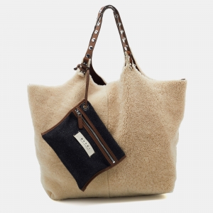 Marni Off White/Brown Shearling Fur and Leather Reversible Tote