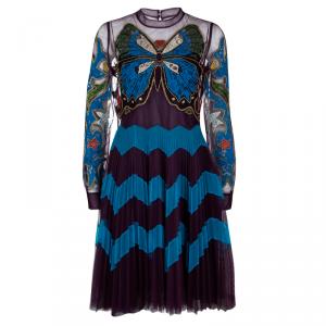 Mary Katrantzou Multicolor Butterfly Embroidered Mesh Plisse Detail Long Sleeve Dress M