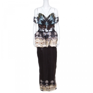 Mary Katrantzou Nebraska Printed Silk Satin Off Shoulder Peplum Maxi Dress M