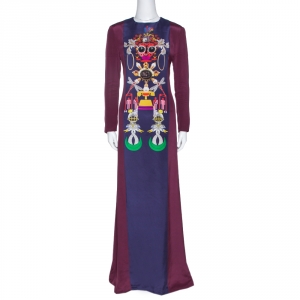 Mary Katrantzou Burgundy Sentinel Clocktopia Print Silk Maxi Dress M