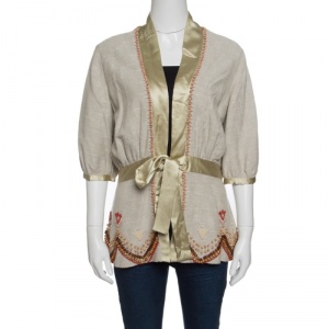 Matthew Williamson Beige Knit Silk Trim Beaded Front Tie Jacket M