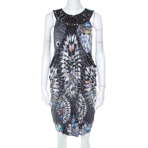 Mathew Williamson Black Geometric Print Silk Embellished Draped Cowl Dress M