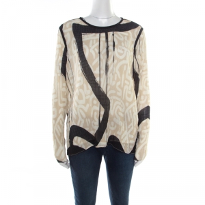 Pre Owned Max Mara Paste Graffiti Print Plisse Long Sleeve Blouse L