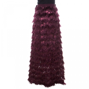 Max Mara Purple Metallic Jacquard Faux Feather Fringed Maxi Skirt S
