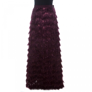 Max Mara Burgundy Metallic Jacquard Tinsel Fringed Maxi Skirt M