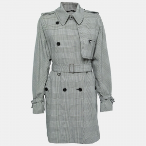 Max Mara Black Checkered Cotton Belted Trench Coat M