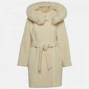 Max Mara Studio Cream Fur Trim Wool Blend Belted Coat S