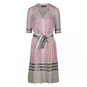 Max Mara Pink and White Striped Pleat Detail Belted Organza Dress M