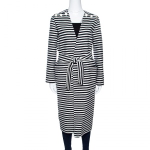Pre Owned Max Mara Sfilata Monochrome Striped Wool And Angora-Belted Coat S