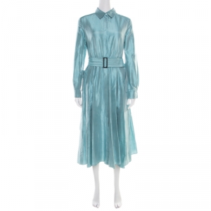 Max Mara Aqua Blue Raw Silk Belted Midi Shirt Dress S