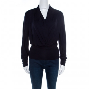 Pre Owned Max Mara Navy Blue Ruched Detail Draped Long Sleeve Blouse S