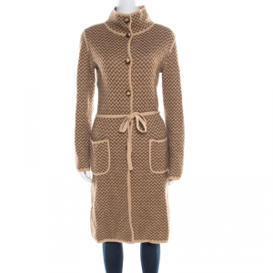 Max Mara Brown Checkered Wool and Cashmere Knit Belted Long Cardigan M