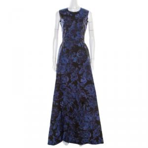 Pre Owned Max Mara Black and Blue Floral Printed Sleeveless Acinoso Gown S