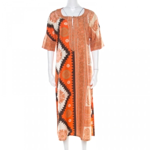 Pre Owned Max Mara Orange Paisley Printed Silk Maxi Kaftan M