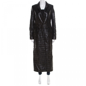 Max Mara Mid Black Crinkled Faux Patent Leather Plaid Lined Overcoat S 