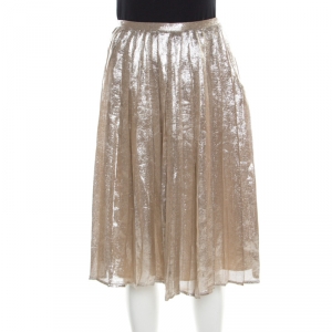 Max Mara Champagne Silver Pleated Silk and Lurex Faro Midi Skirt M