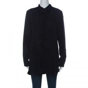 Max Mara Navy Blue Crepe Tie-Neck Detail Front Button Shirt L 